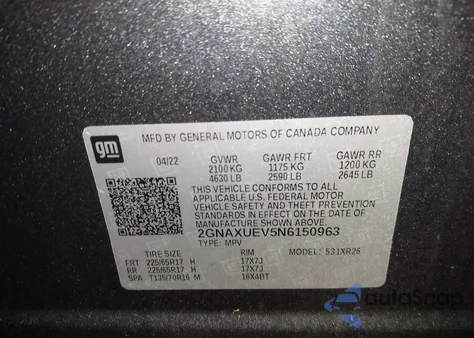 2022 Chevrolet Equinox Awd Lt из США, поврежденный, VIN 2GNAXUEV5N6150963